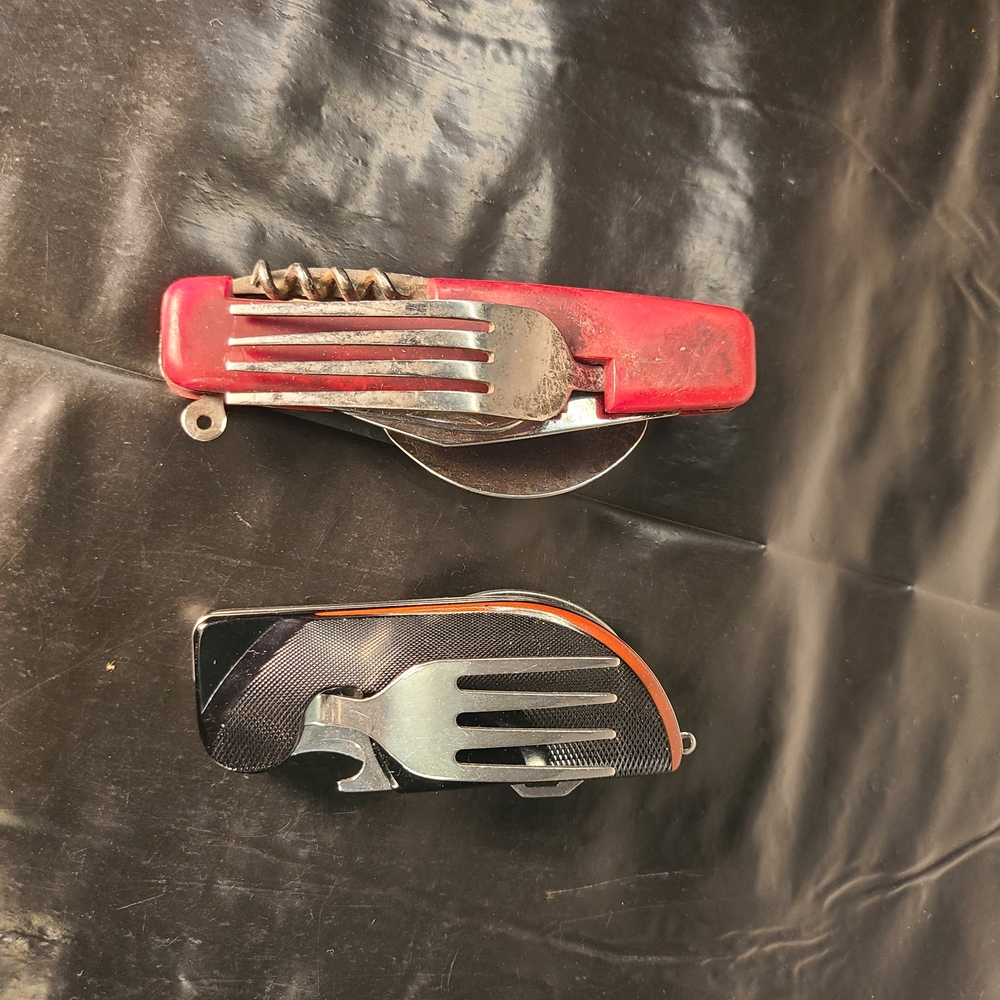 2 Camping Multi-Tool Utensil Sets Fork Spoon Knife Bottle Opener Corkscrew